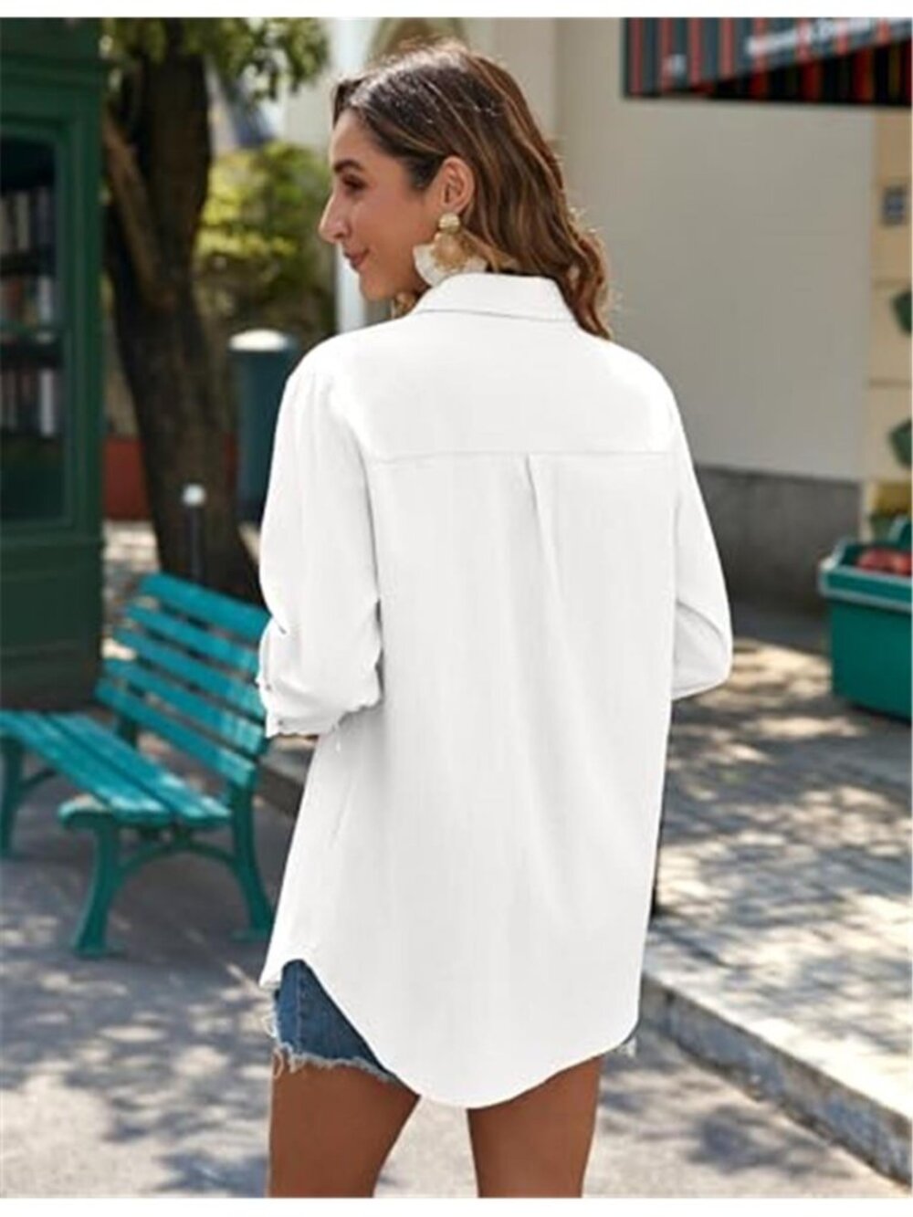 Womens Cotton Button Down Shirt Long Sleeve Collared Casual Blouse Lightweight - Picture 3 of 6